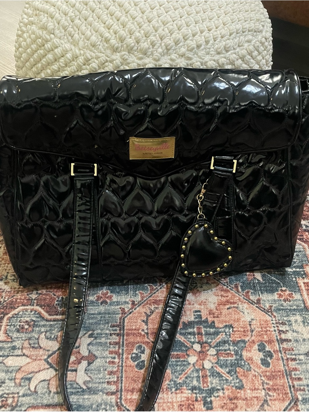 Betsey Johnson Black Patent Quilted Heart Tote with Charm Laptop Bag